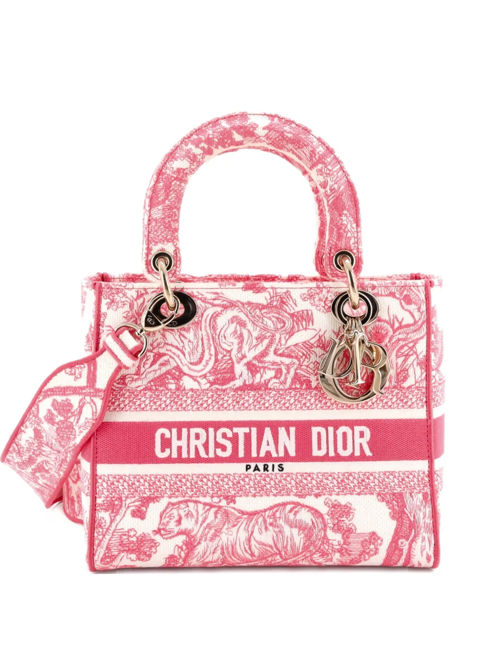 Pre-owned Dior Toile De Jouy Lady D-lite Bag Embroidered Canvas Tote Bag In Pink