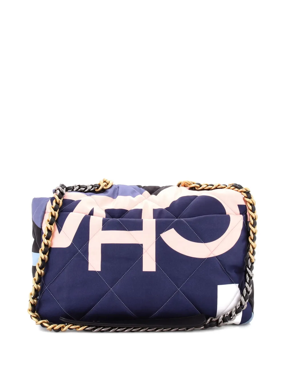 Pre-owned Chanel 19 Flap Bag Quilted Printed Silk Maxi Shoulder Bag In Black