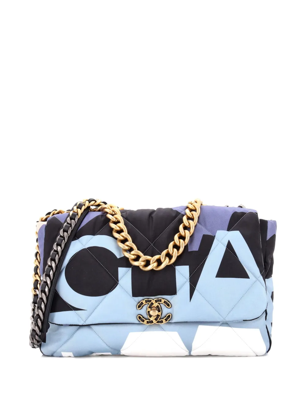 Pre-owned Chanel 19 Flap Bag Quilted Printed Silk Maxi Shoulder Bag In Black