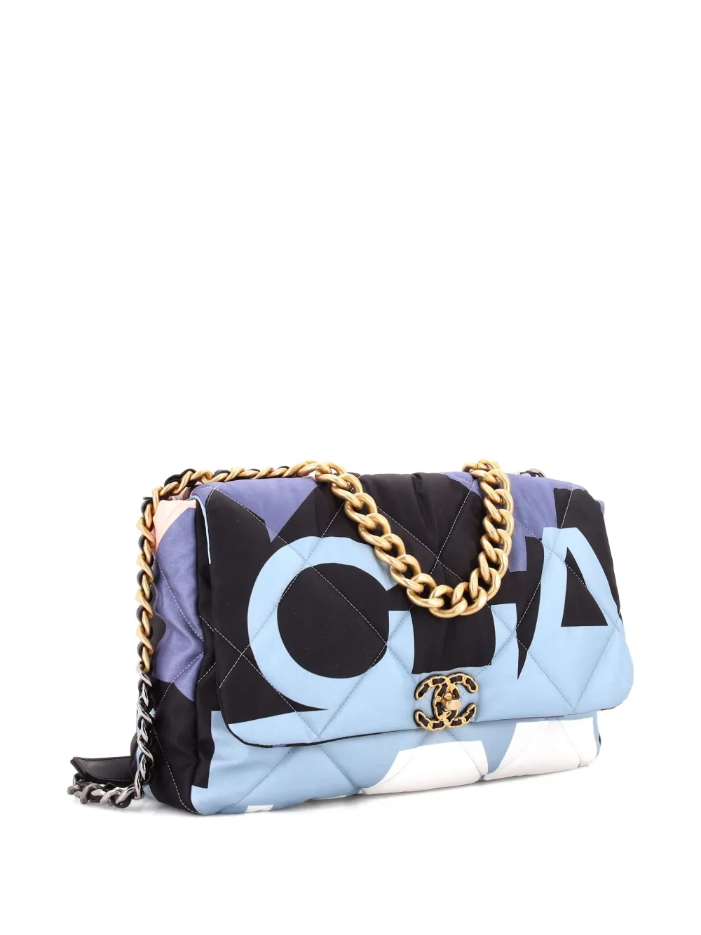 Pre-owned Chanel 19 Flap Bag Quilted Printed Silk Maxi Shoulder Bag In Black