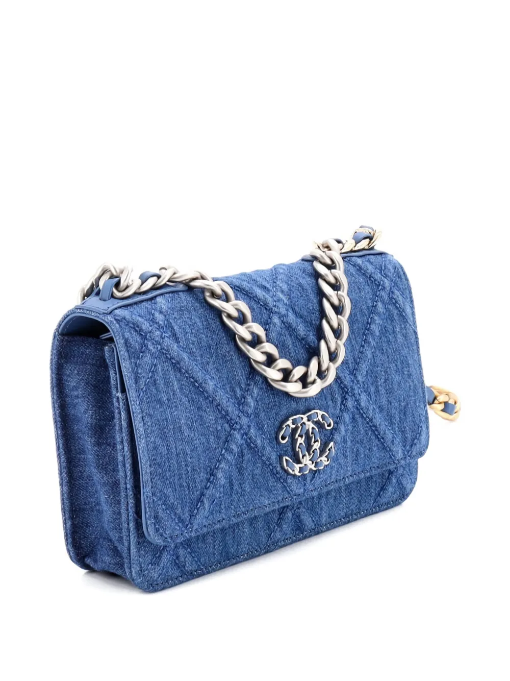 Pre-owned Chanel 19 Wallet On Chain Quilted Denim Crossbody Bag In Blue
