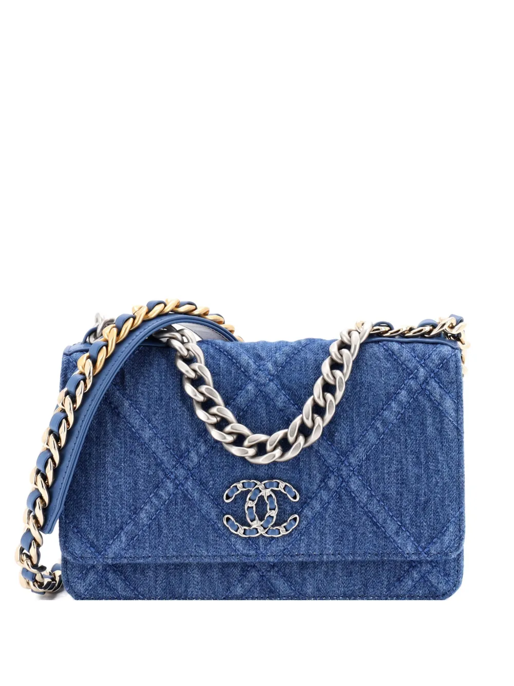 Pre-owned Chanel 19 Wallet On Chain Quilted Denim Crossbody Bag In Blue