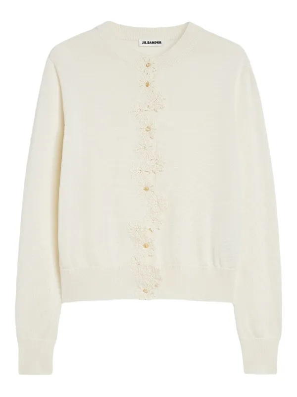 Jil Sander Cardigan with Crochet Flowers in White