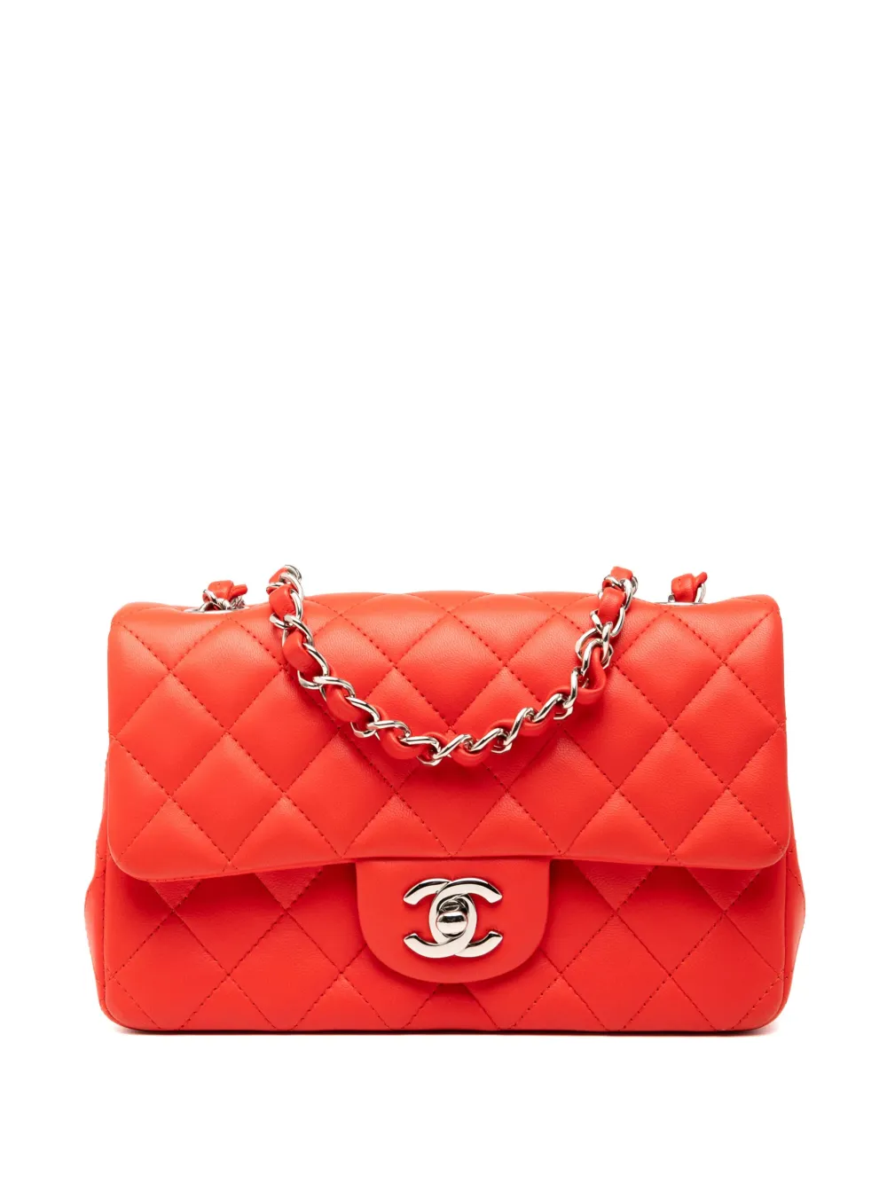 Pre-owned Chanel 2018-2019 Mini Rectangular Classic Lambskin Single Flap Crossbody Bag In Red