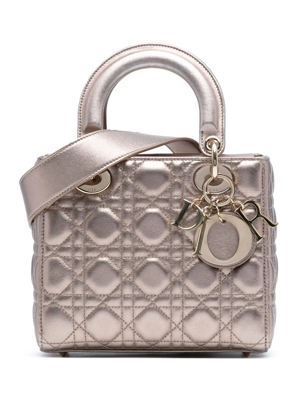 Pre-owned Dior 2019 Small Metallic Lambskin Cannage My Abc Lady  Satchel In Gold