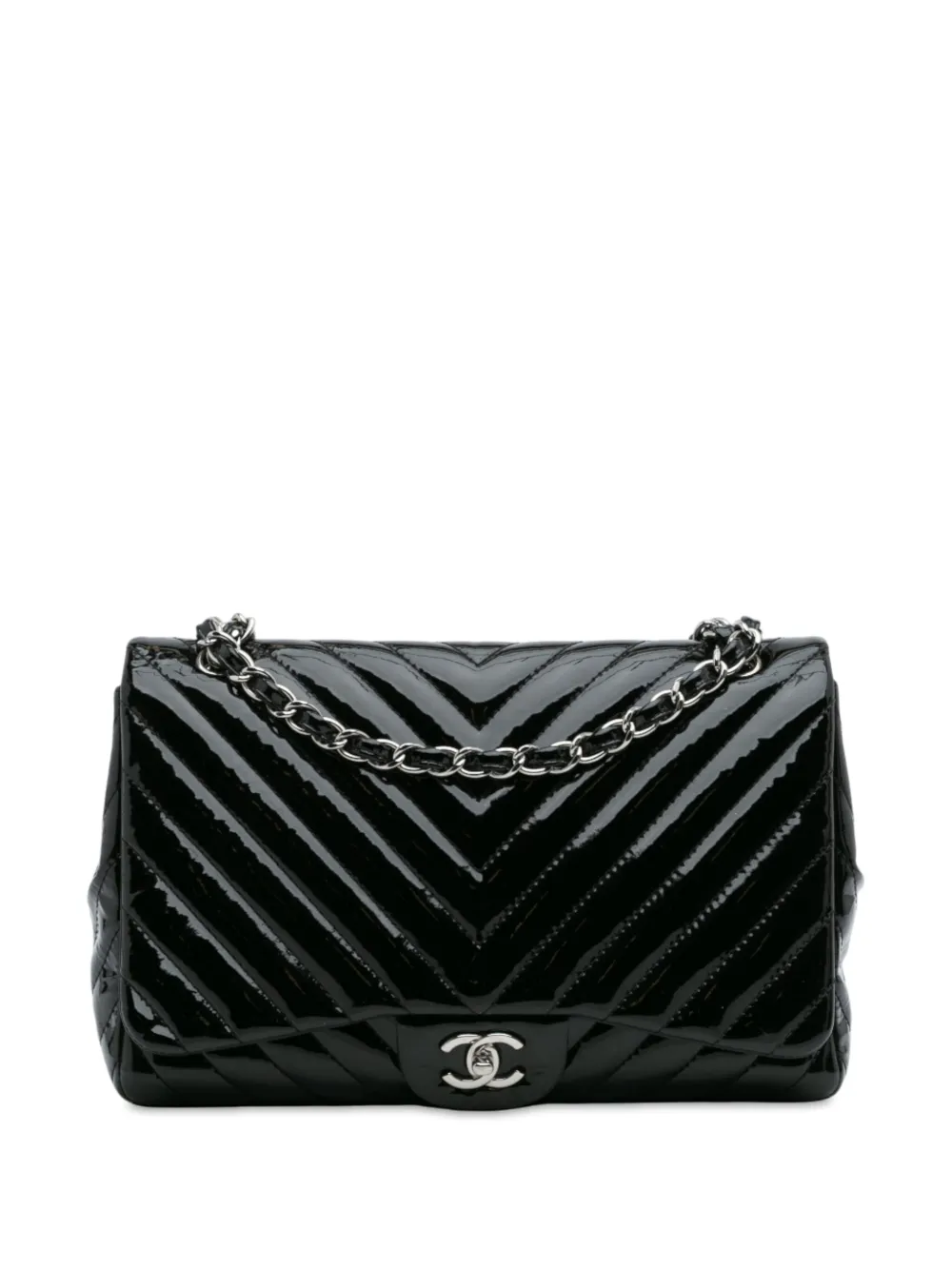 CHANEL Pre-Owned 2009-2010 ジャンボ クラシック シェブロン パテント シングルフラップ ショルダーバッグ -
