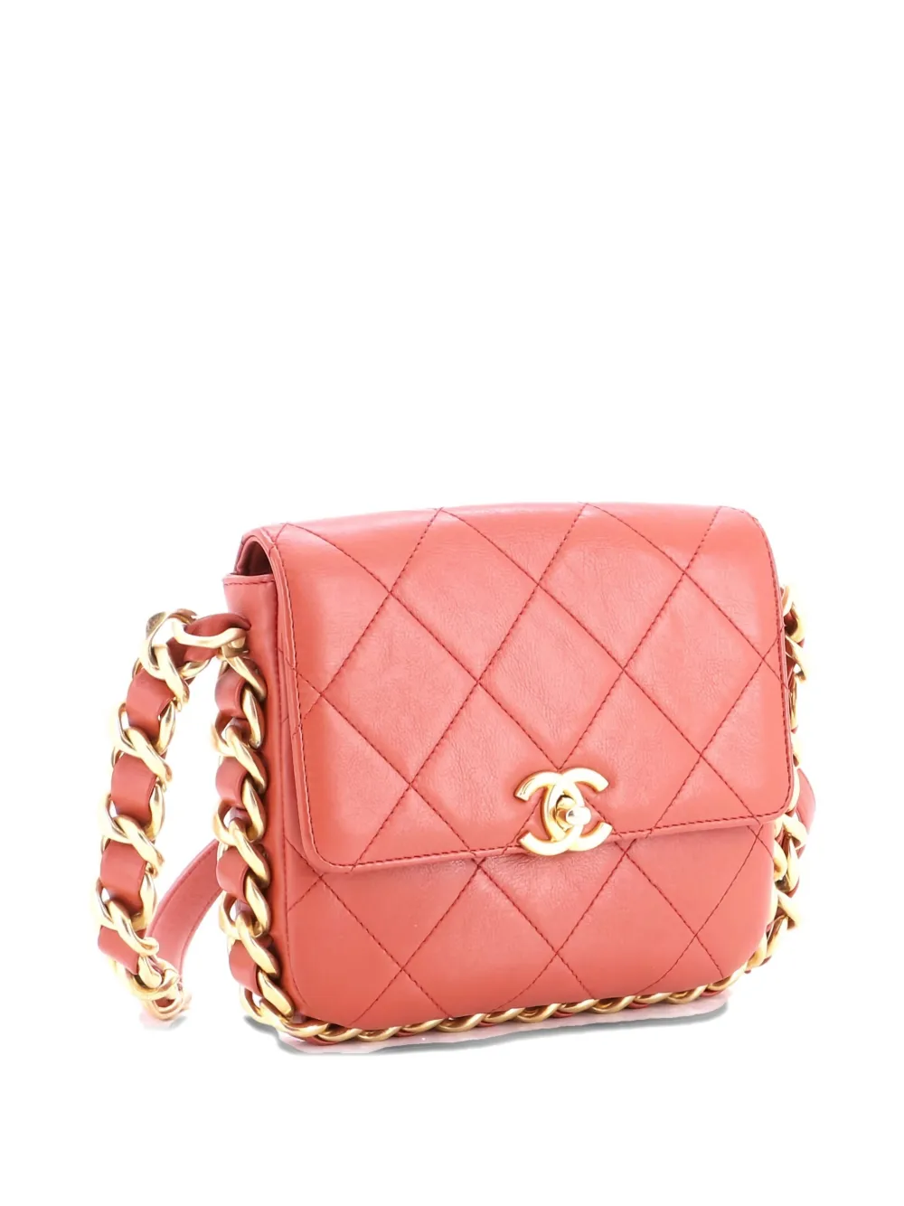 Pre-owned Chanel Framing Chain Flap Bag Quilted Calfskin Small Shoulder Bag In Orange