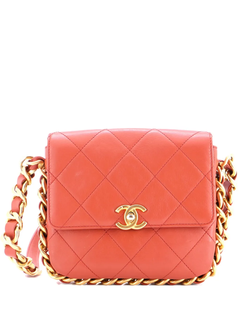 Pre-owned Chanel Framing Chain Flap Bag Quilted Calfskin Small Shoulder Bag In Orange