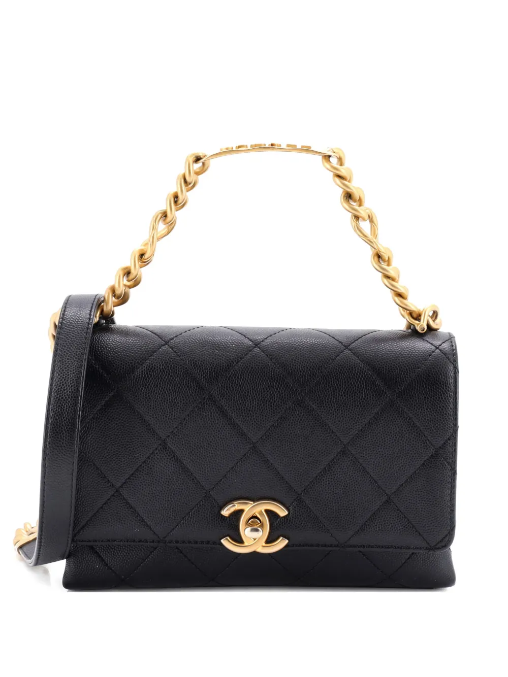 Pre-owned Chanel Bracelet On Chain Flap Bag Quilted Caviar Mini Crossbody Bag In Black