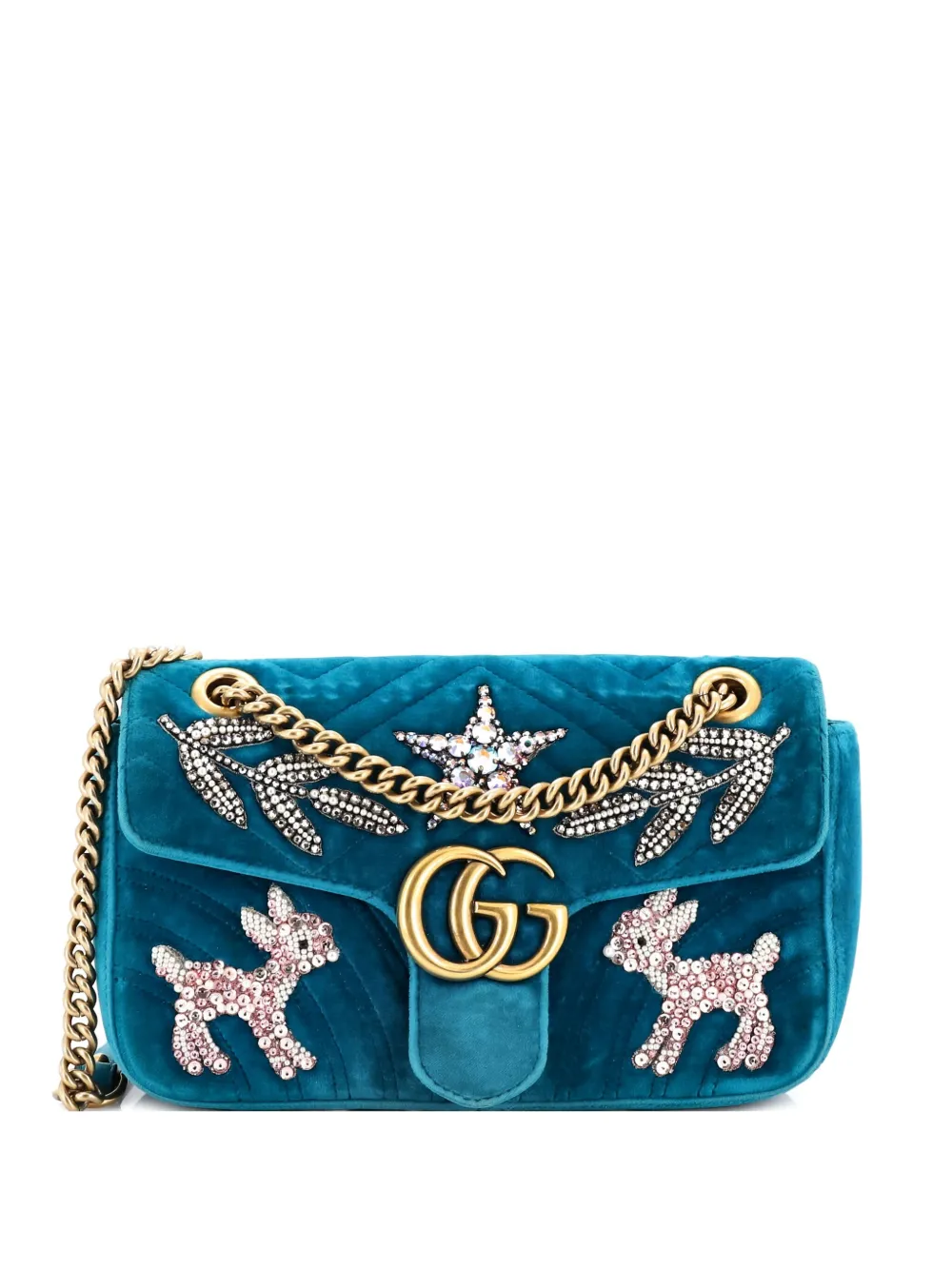 Pre-owned Gucci Gg Marmont Flap Bag Embellished Matelasse Velvet Small Crossbody Bag In Blue