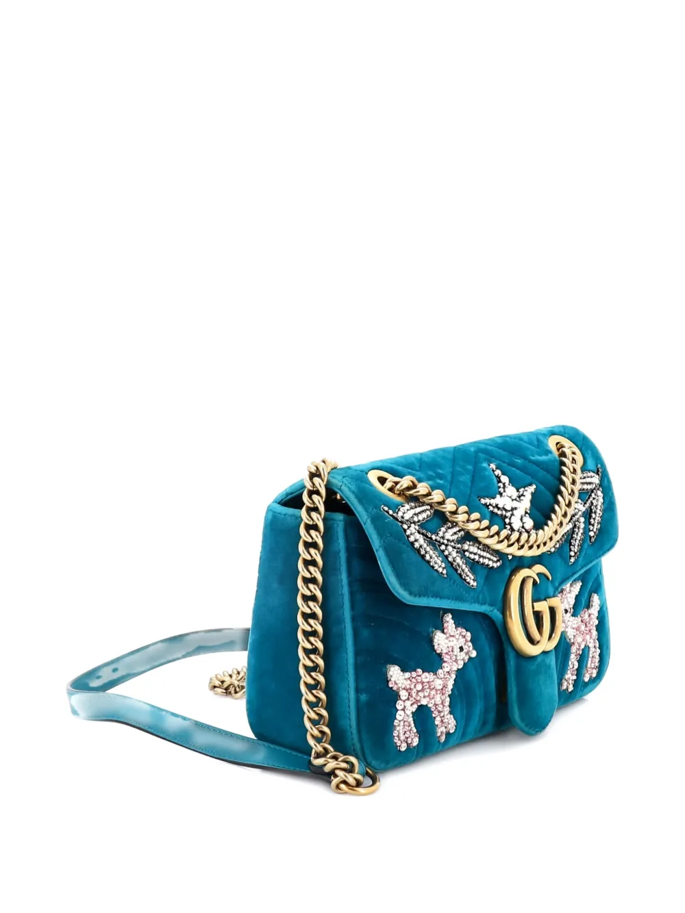 Pre-owned Gucci Gg Marmont Flap Bag Embellished Matelasse Velvet Small Crossbody Bag In Blue