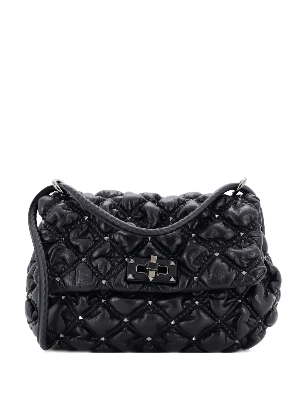 Pre-owned Valentino Garavani Spikeme Flap Bag Quilted Leather Medium Crossbody Bag In Black