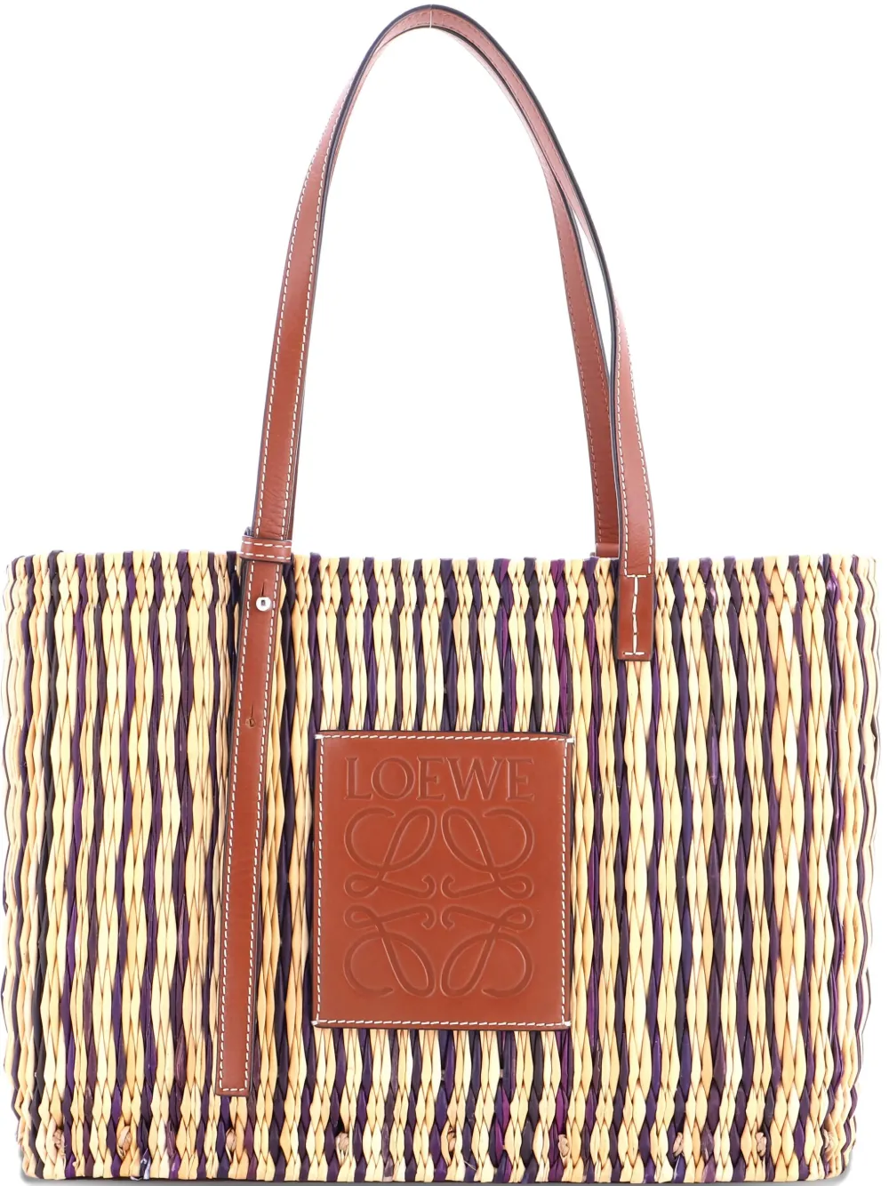 Pre-owned Loewe Paula's Ibiza Square Basket Woven Reed With Leather Small Tote Bag In Neutral