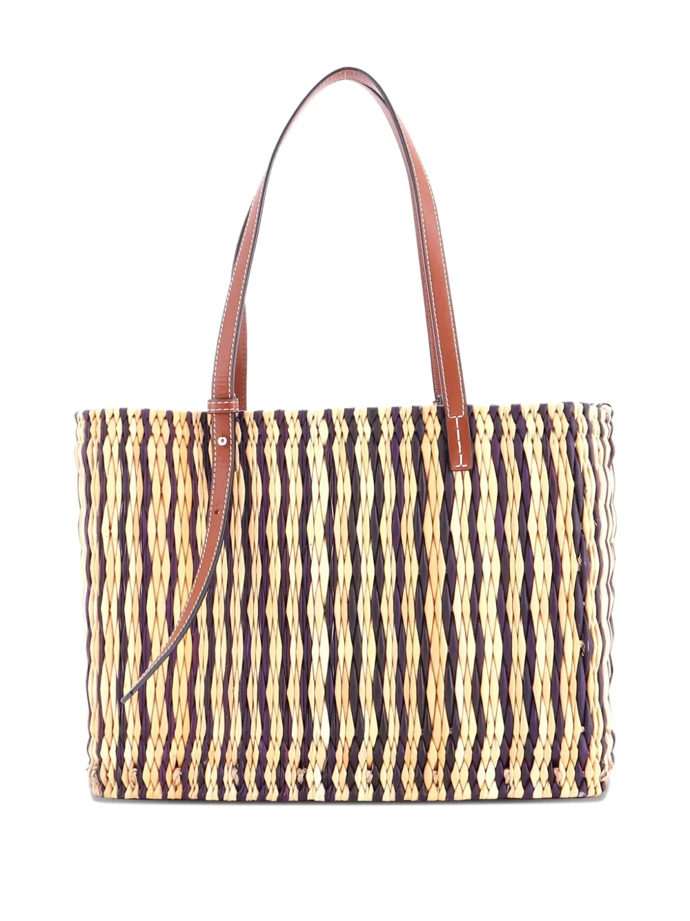 Pre-owned Loewe Paula's Ibiza Square Basket Woven Reed With Leather Small Tote Bag In Neutral