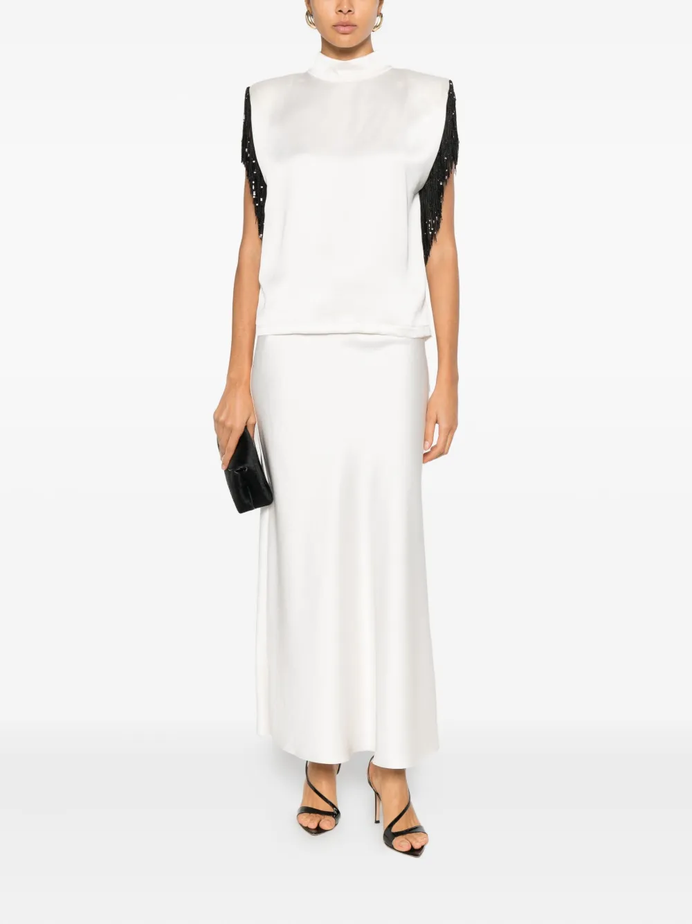 Jucca approved fringed velvet trim skirt and blouse set - Wit