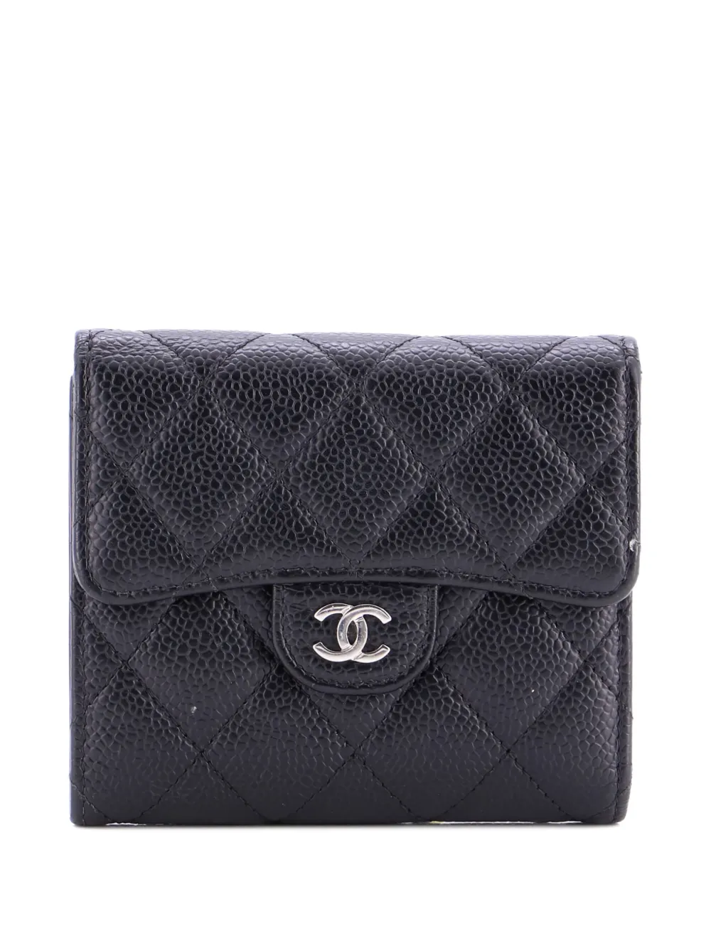 Pre-owned Chanel Cc Compact Classic Flap Wallet Quilted Caviar Small Wallets In Black
