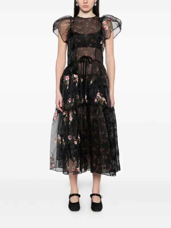 Simone Rocha Black Sheer Puff Sleeve Patchwork Flounce Midi Dress Simone Rocha Black Sheer Puff Sleeve Patchwork Flounce Midi Dress