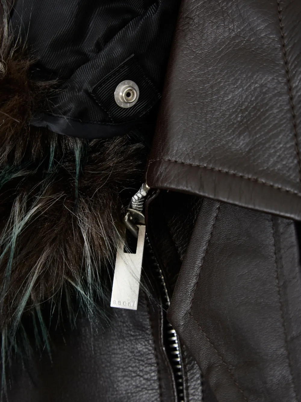 Sacai Faux Fur-collar Leather Jacket In Brown