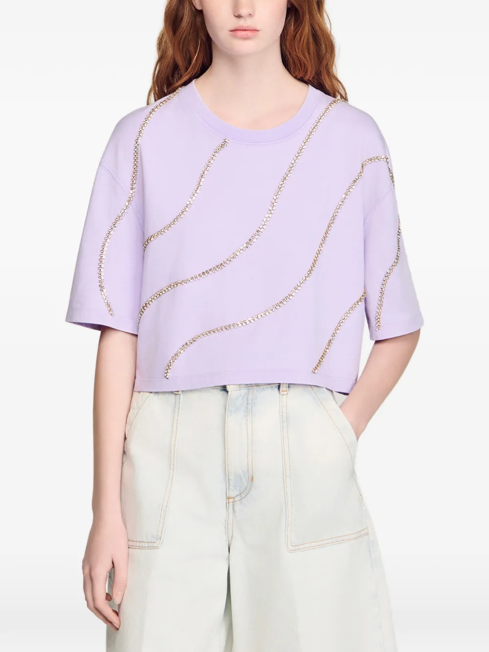 SANDRO Cropped T-shirt verfraaid met stras Paars