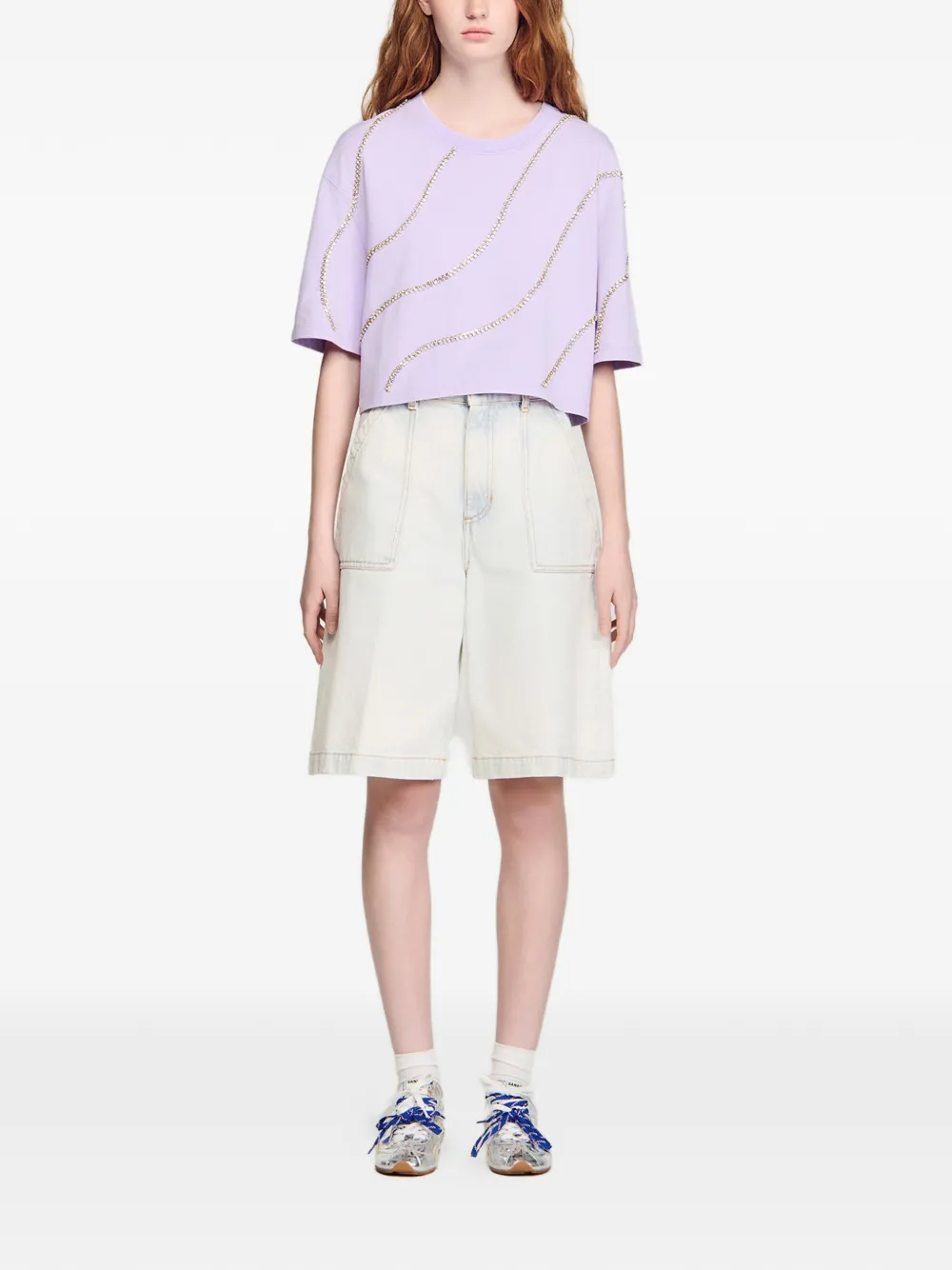  Sandro Embellished Crop Shirt - Purple 