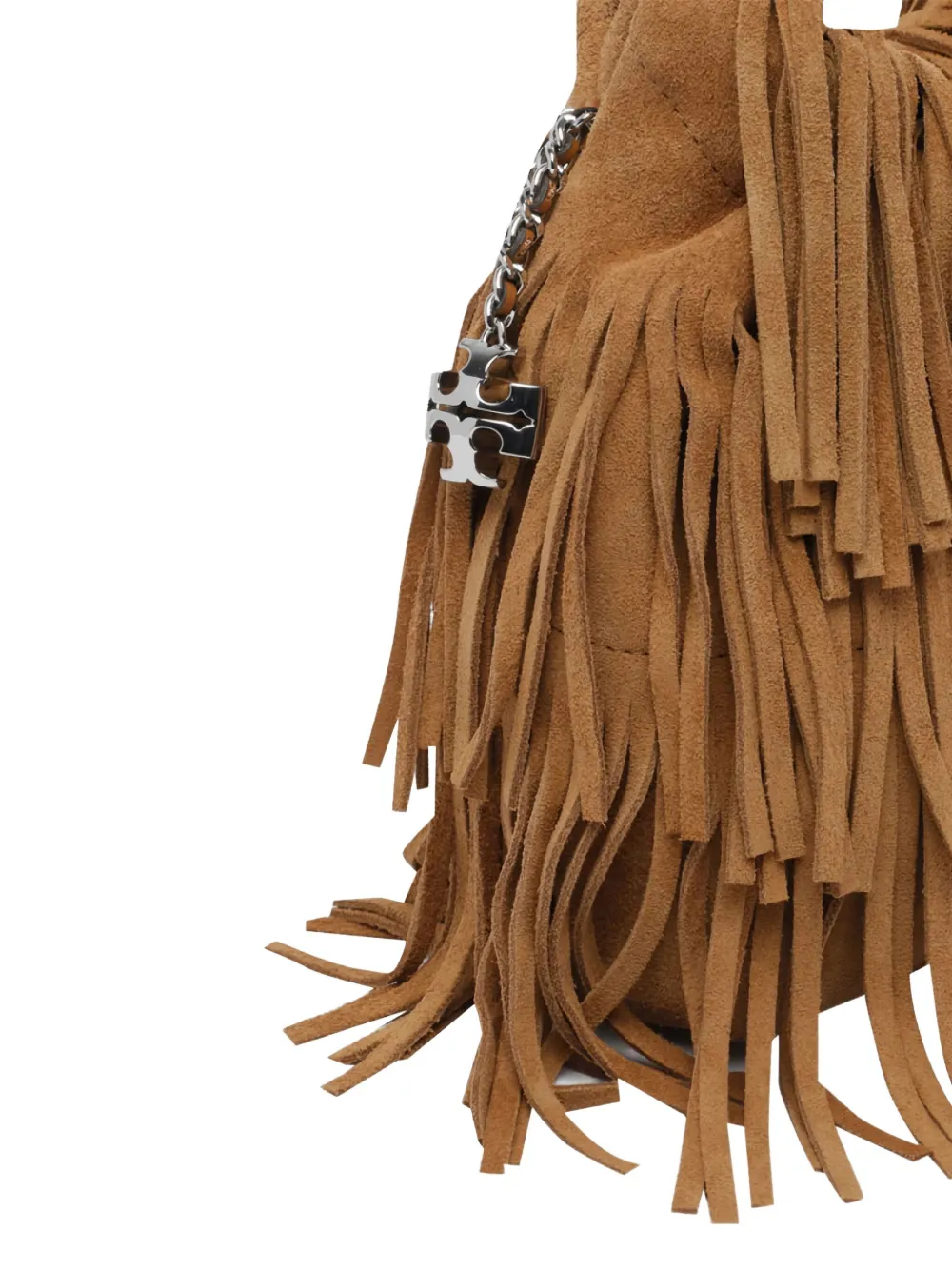 Tory Burch Mini Fleming Suede Fringed Shoulder Bag In Brown
