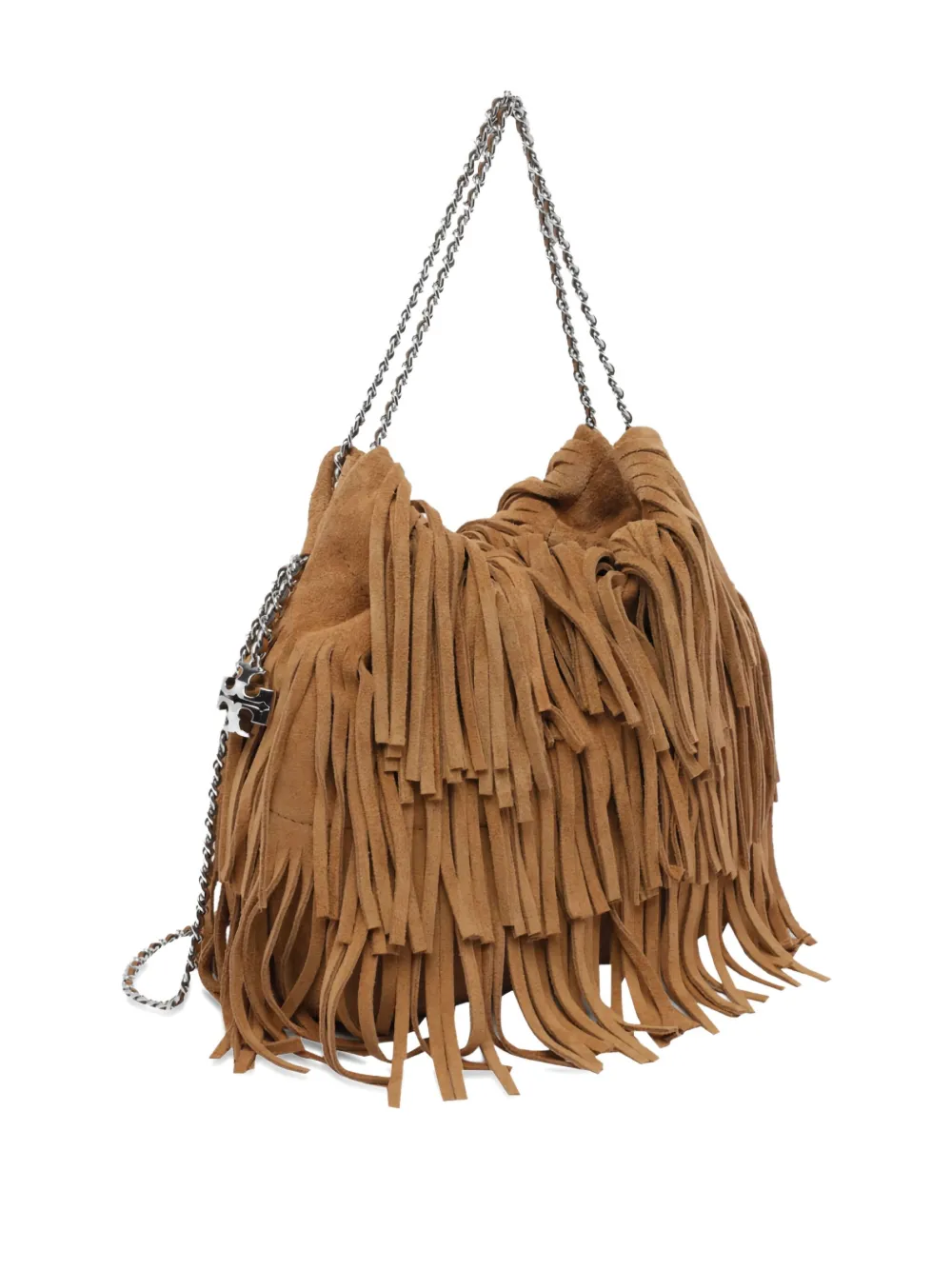 Tory Burch Mini Fleming Suede Fringed Shoulder Bag In Brown