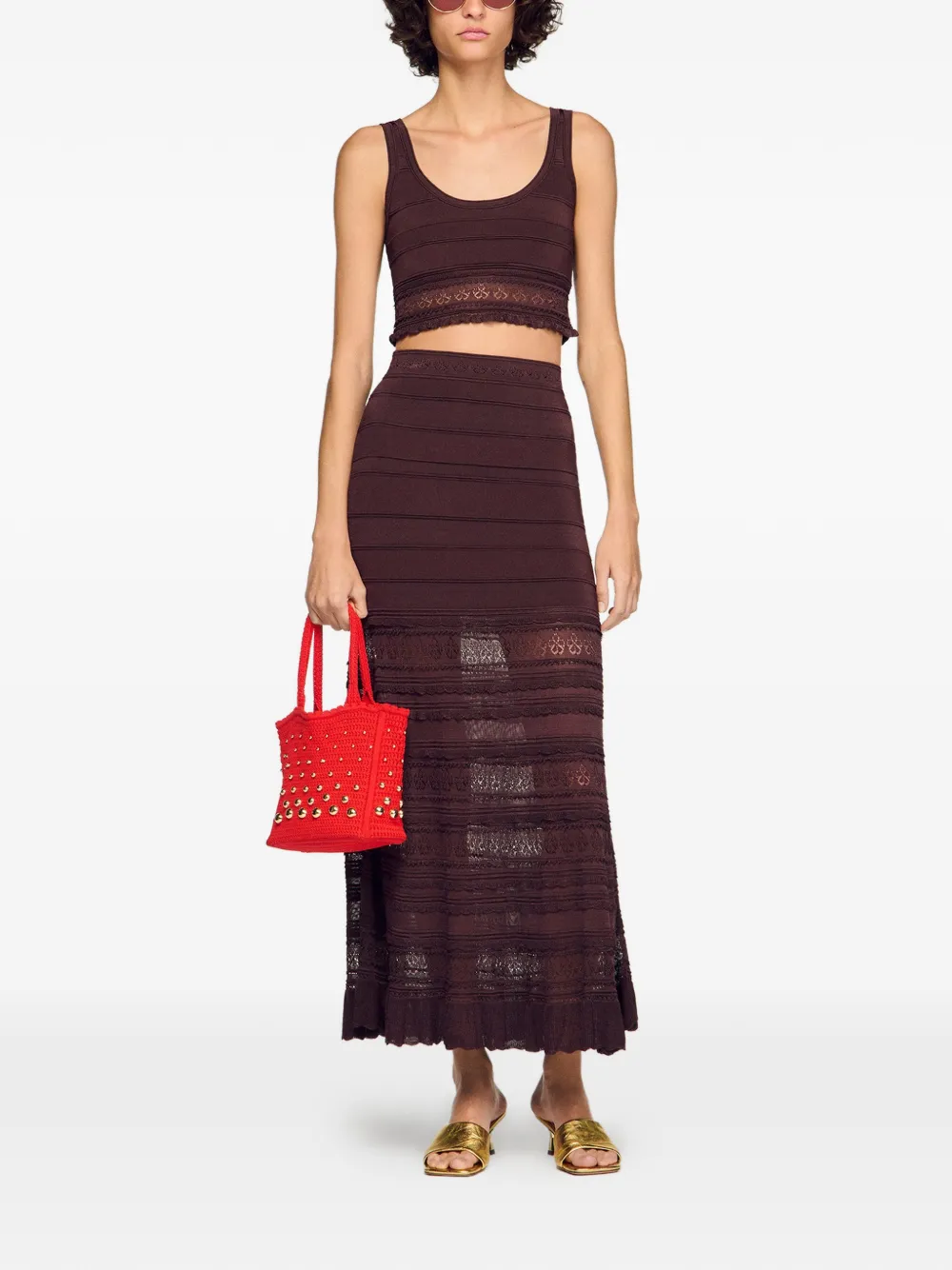  Sandro Lace Crop Top - Brown 