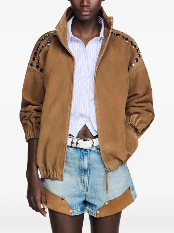 SANDRO Studded zip-up Jacket | Brown | FARFETCH