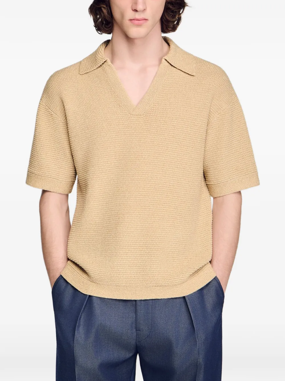 SANDRO Gebreid poloshirt Beige