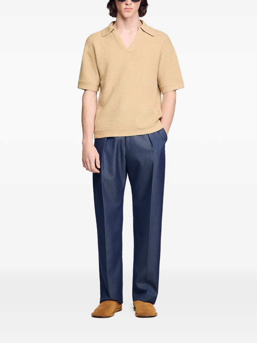SANDRO Gebreid poloshirt Beige