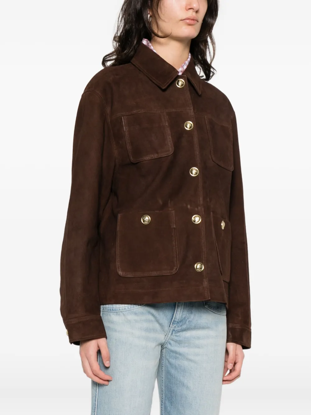  Sandro Buttoned Pocket Leather Jacket - Brown 