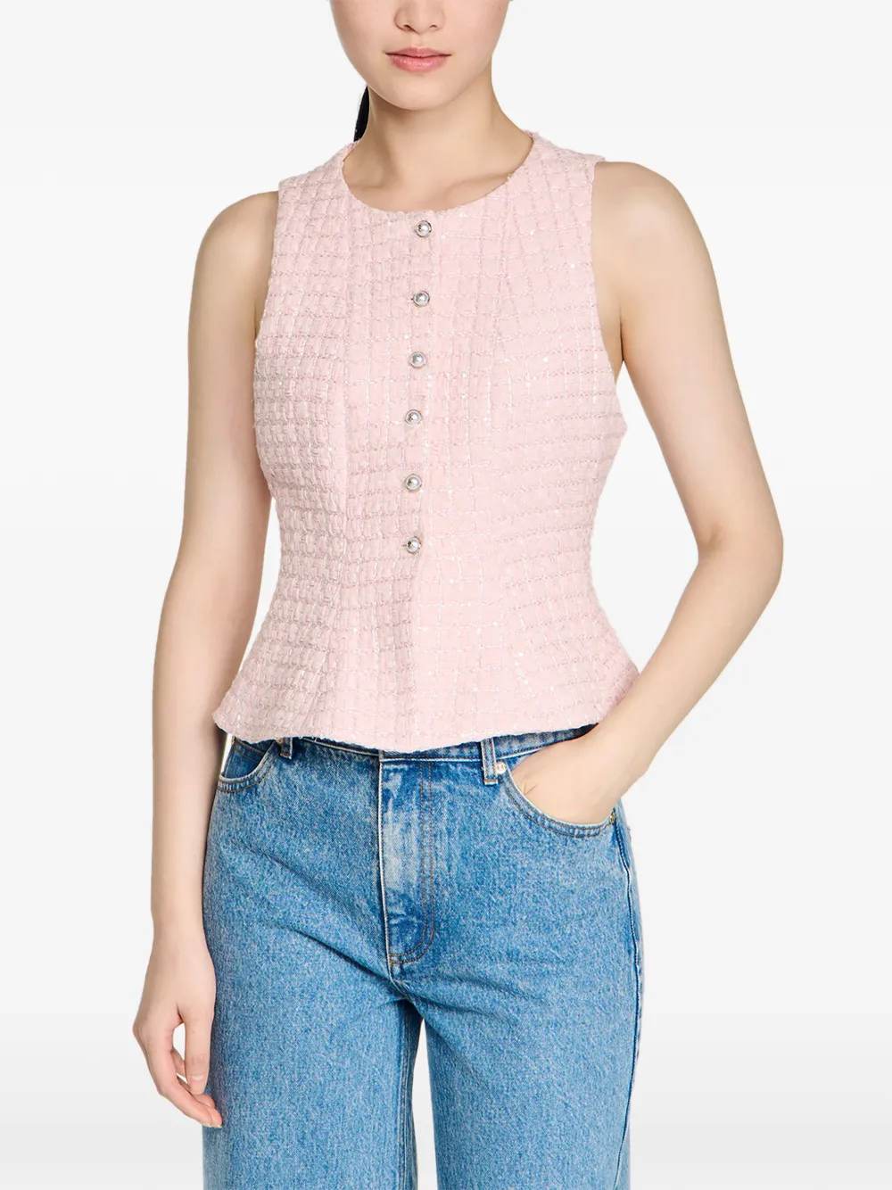SANDRO Tweed gilet verfraaid met pailletten Roze