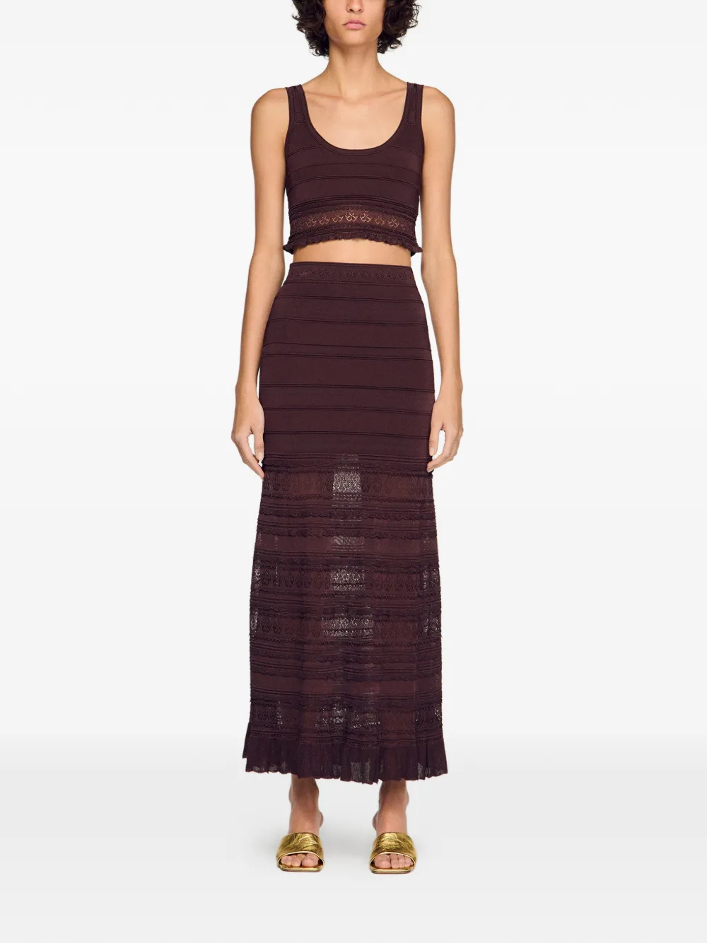  Sandro Ruffled Knitted Maxi Skirt - Brown 