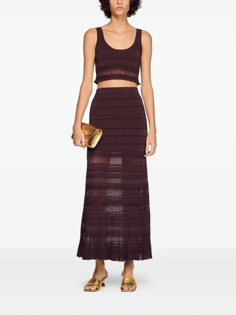  Sandro Ruffled Knitted Maxi Skirt - Brown 