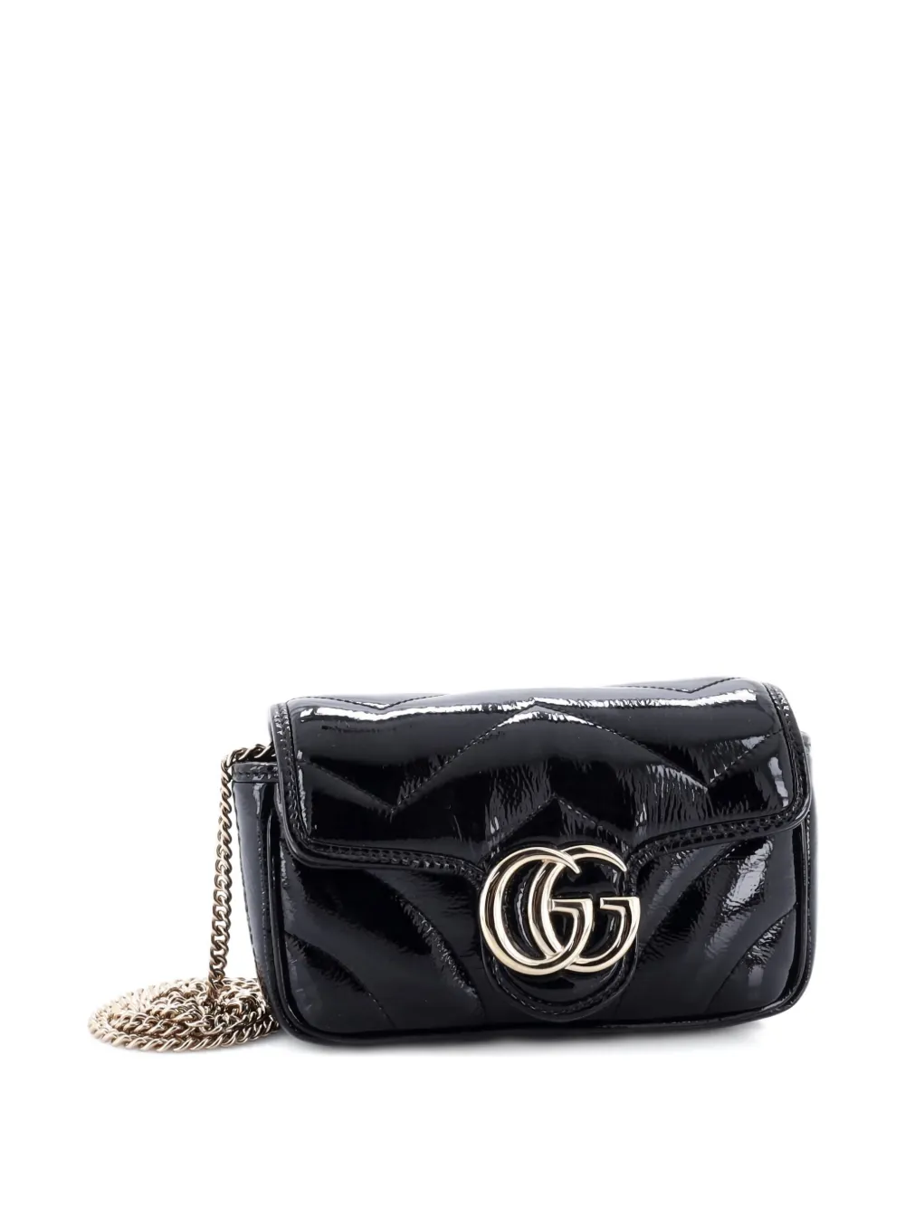 Pre-owned Gucci Gg Marmont Flap Bag Matelasse Patent Super Mini Crossbody Bag In Black