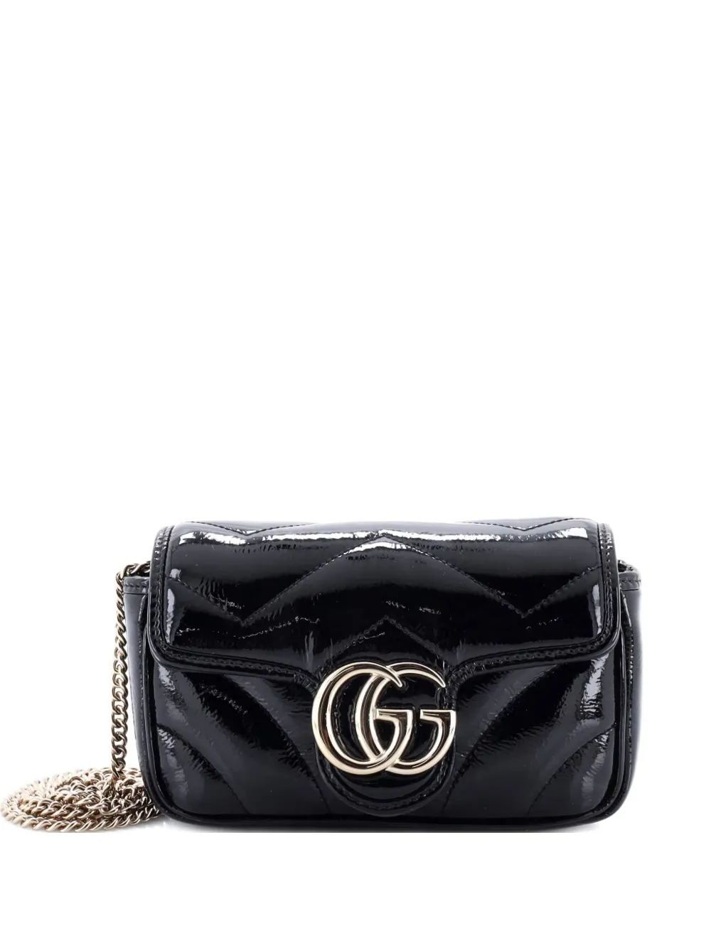 Pre-owned Gucci Gg Marmont Flap Bag Matelasse Patent Super Mini Crossbody Bag In Black