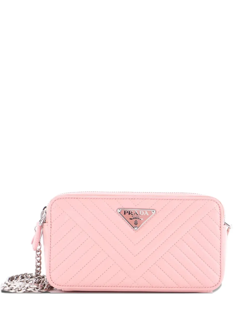 Pre-owned Prada Double Zip Wallet On Chain Crossbody Chevron Leather Mini Shoulder Bag In Pink