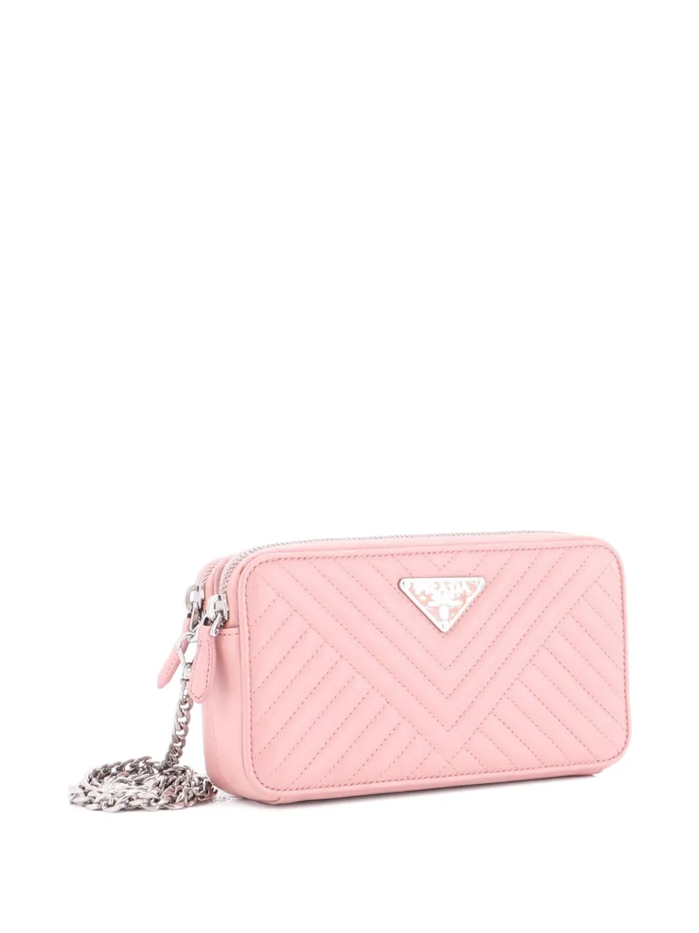 Pre-owned Prada Double Zip Wallet On Chain Crossbody Chevron Leather Mini Shoulder Bag In Pink