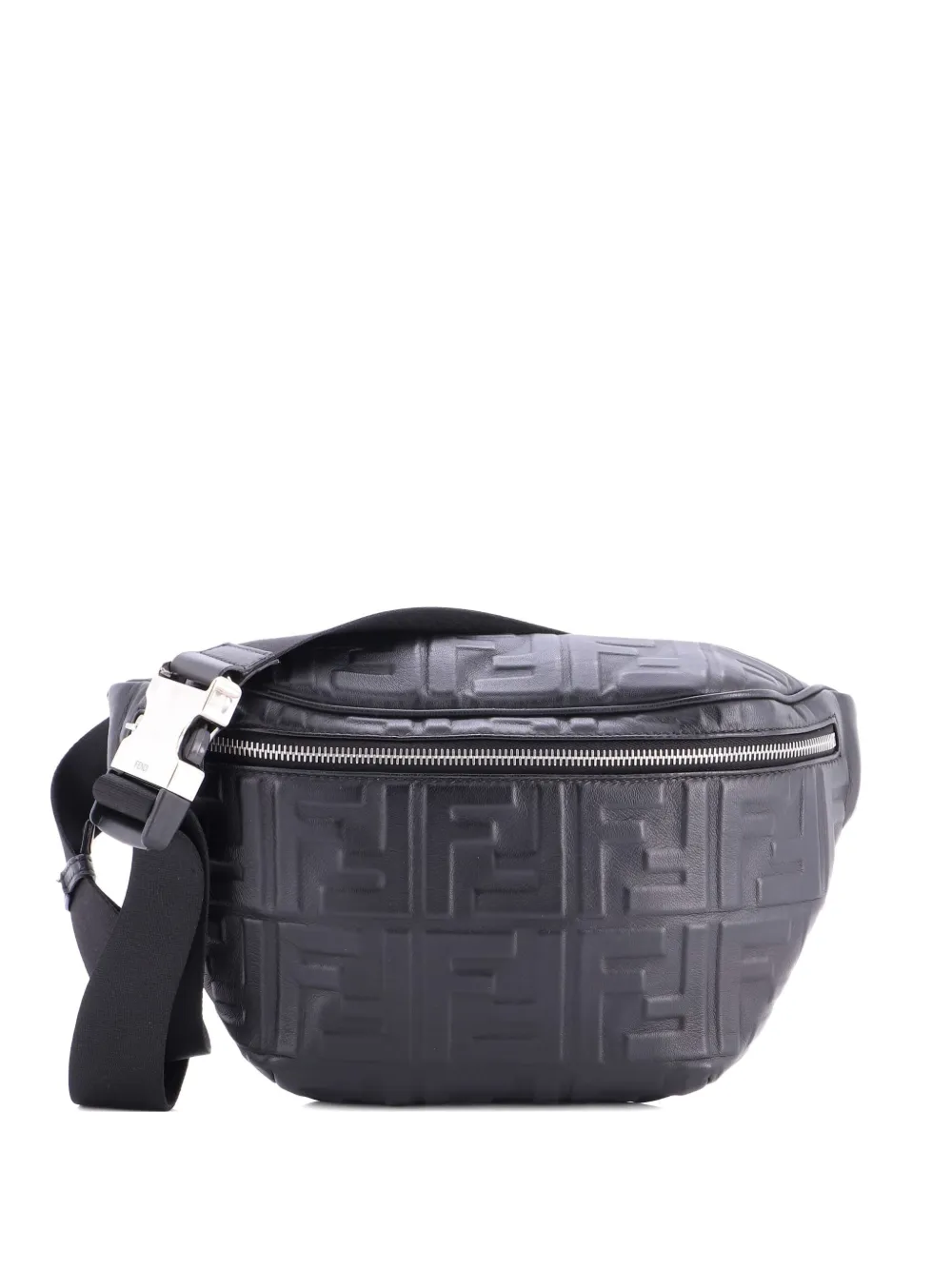 Pre-owned Fendi Zip Waist Bag Zucca Embossed Leather Belt Bag In Black