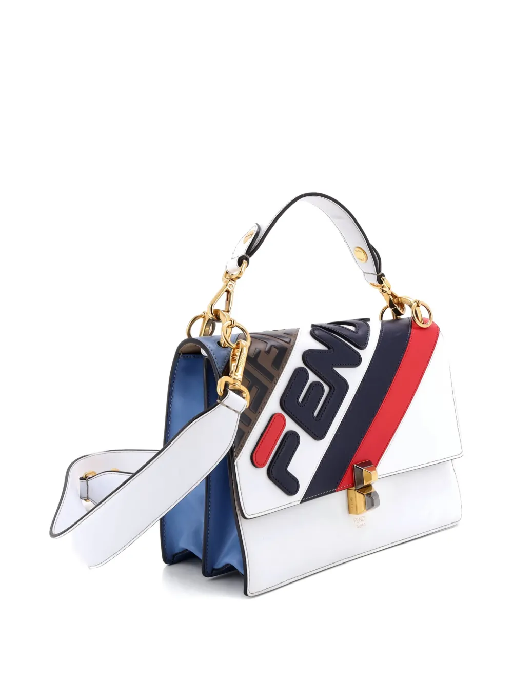 Pre-owned Fendi Mania Logo Kan I Bag Inlaid Leather Medium Shoulder Bag In Blue