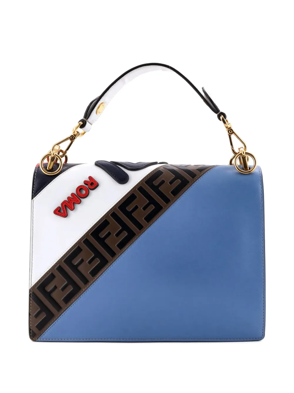Pre-owned Fendi Mania Logo Kan I Bag Inlaid Leather Medium Shoulder Bag In Blue