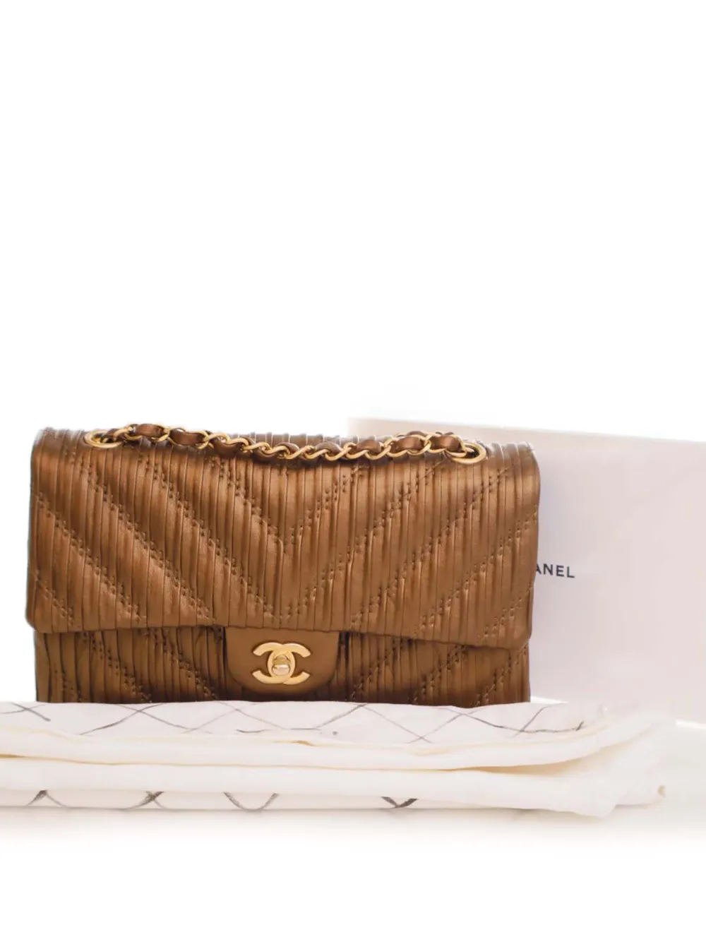 Pre-owned Chanel 2018 Medium Classic Chevron Calfskin Pleated Double Flap Shoulder Bag In Brown