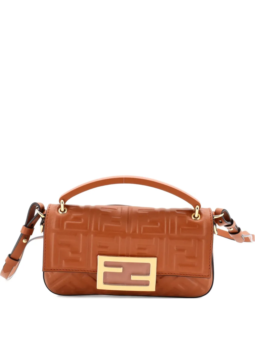 Pre-owned Fendi Midi Baguette Chain Bag Zucca Embossed Leather Small Shoulder Bag In Brown