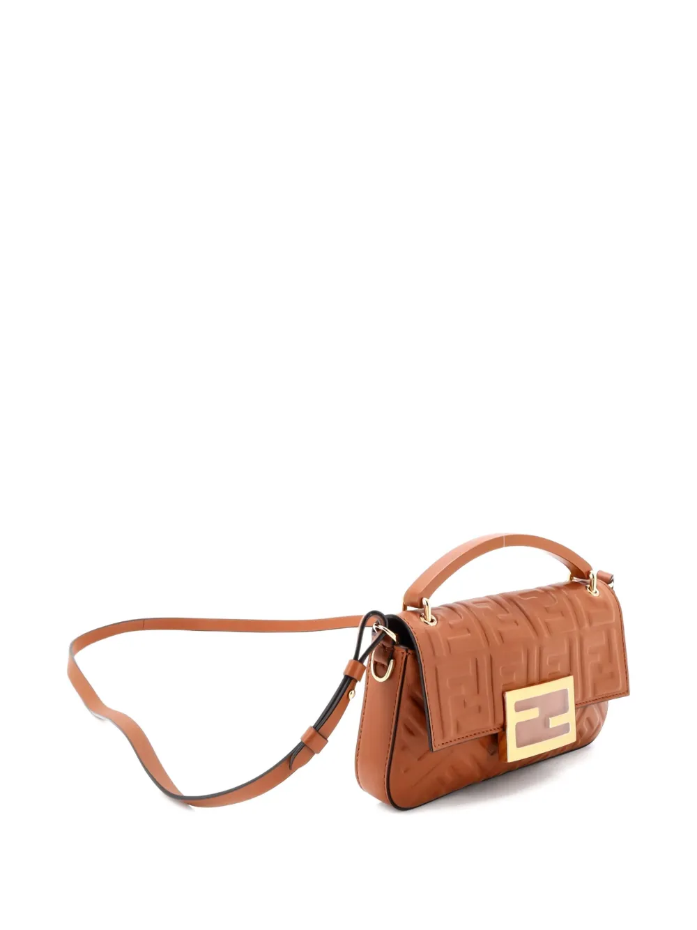 Pre-owned Fendi Midi Baguette Chain Bag Zucca Embossed Leather Small Shoulder Bag In Brown