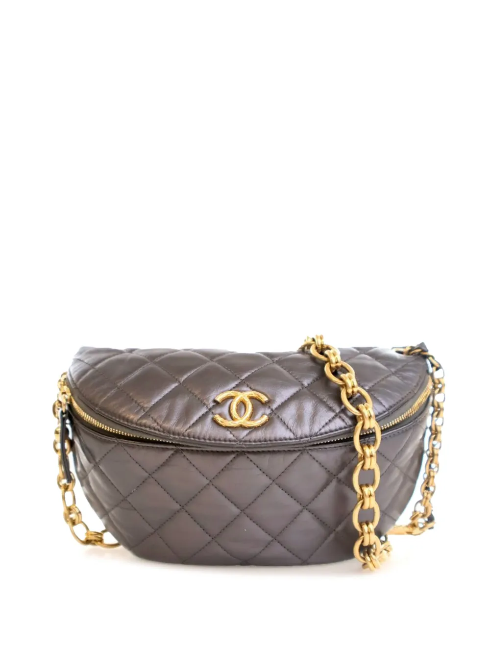 Pre-owned Chanel 2021-2025 Quilted Metallic Aged Calfskin Cc Jewel Belt Bag In Gray