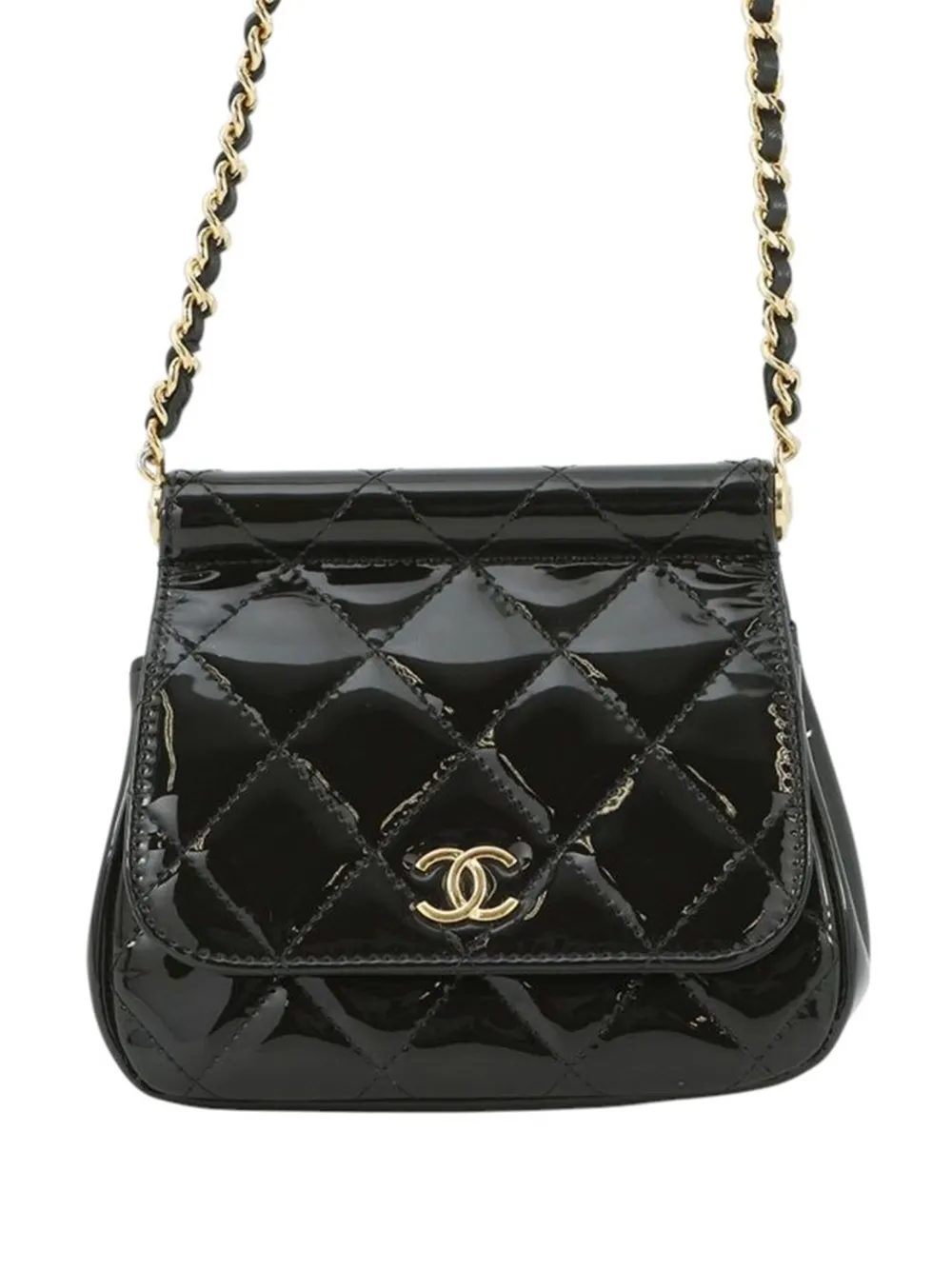 Pre-owned Chanel 2021-2025 Cc Quilted Patent Frame Flap Clutch With Chain Crossbody Bag In Black