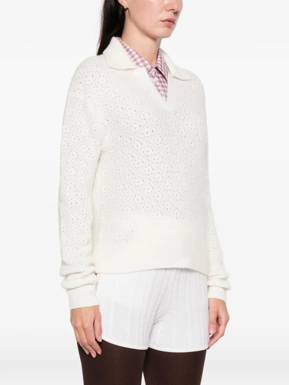 Mc2 Saint Barth Pointelle V-neck Sweater In Neutral