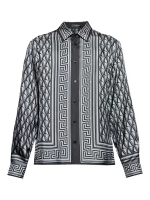 Versace Grecca-trim Silk Shirt | Grey | FARFETCH