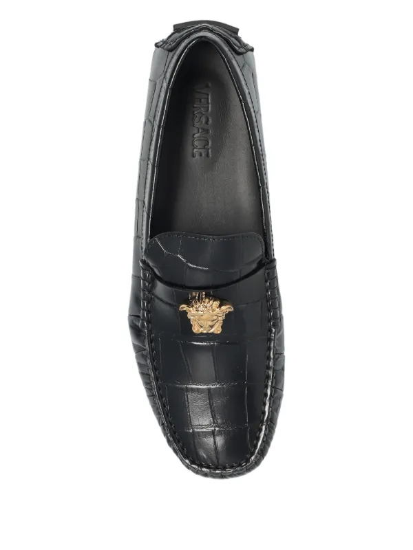 versace men's dress shoes creating an intricate profile for the monochromatic style Versace Medusa Leather Driver Shoes,