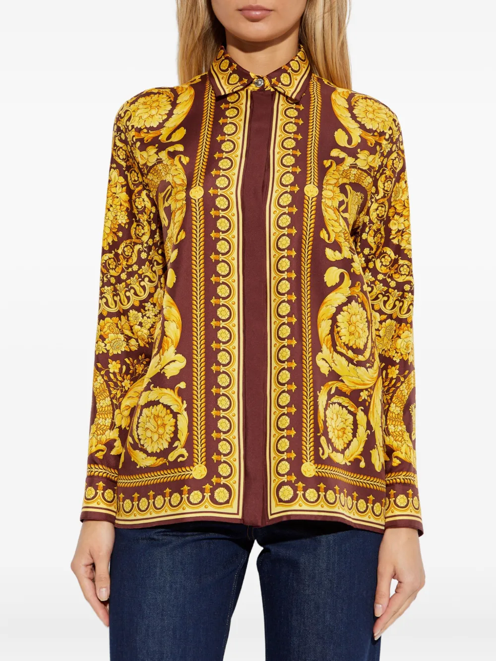 Versace Floral-print Silk Blouse In Brown
